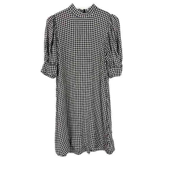 GANNI Gingham Crepe Mini Dress Mock Neck Black White EU Size 38 US Size 6 EUC - Picture 2 of 14
